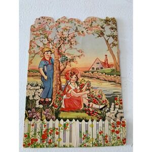 VTG 3D Valentine Day Card Farmers Cottage‎ Picket Fence Boy Girl Apple Blossoms